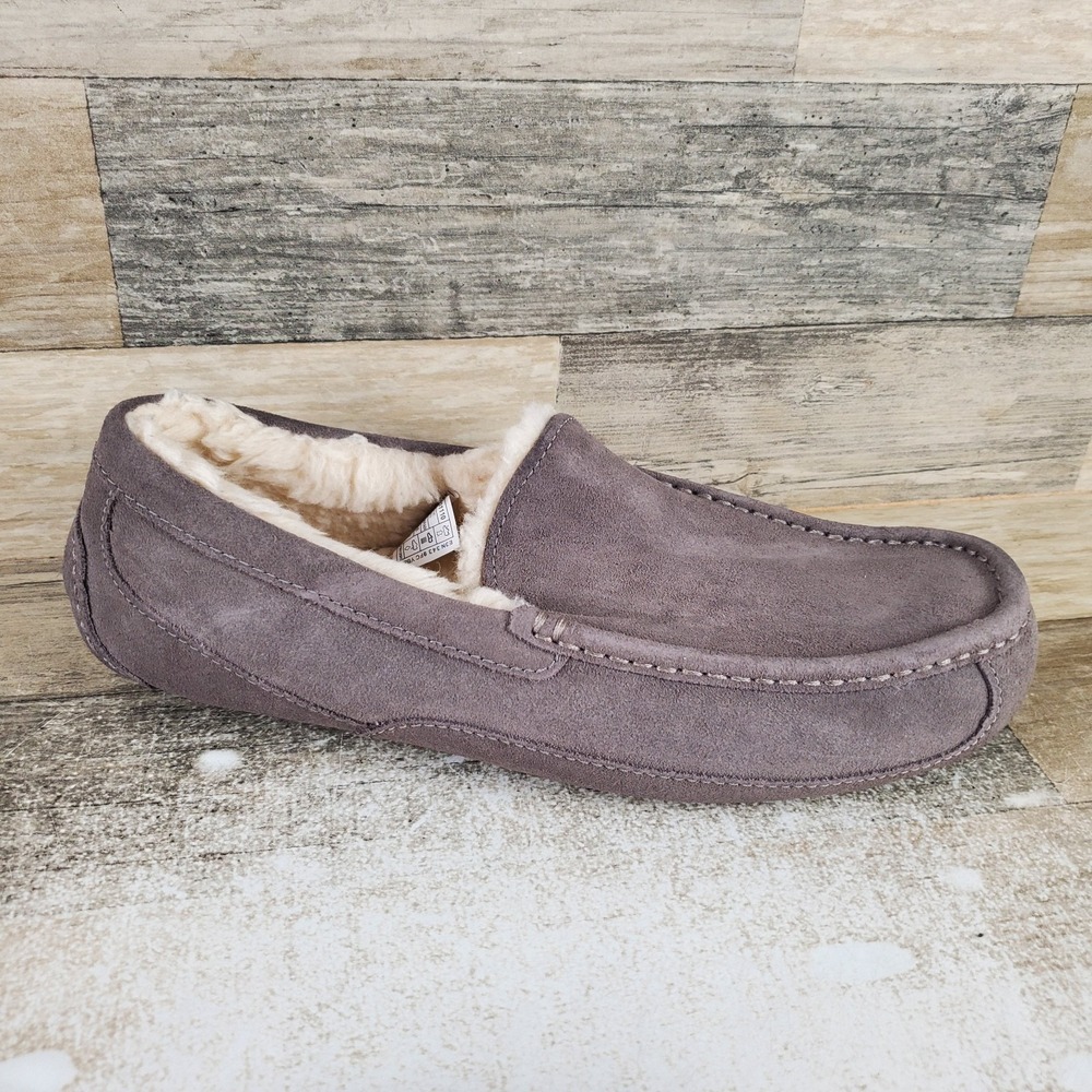 UGG Ascot Mens Slippers Sz 10 Comfort Gray Suede Leather Shearling Lined Slip On